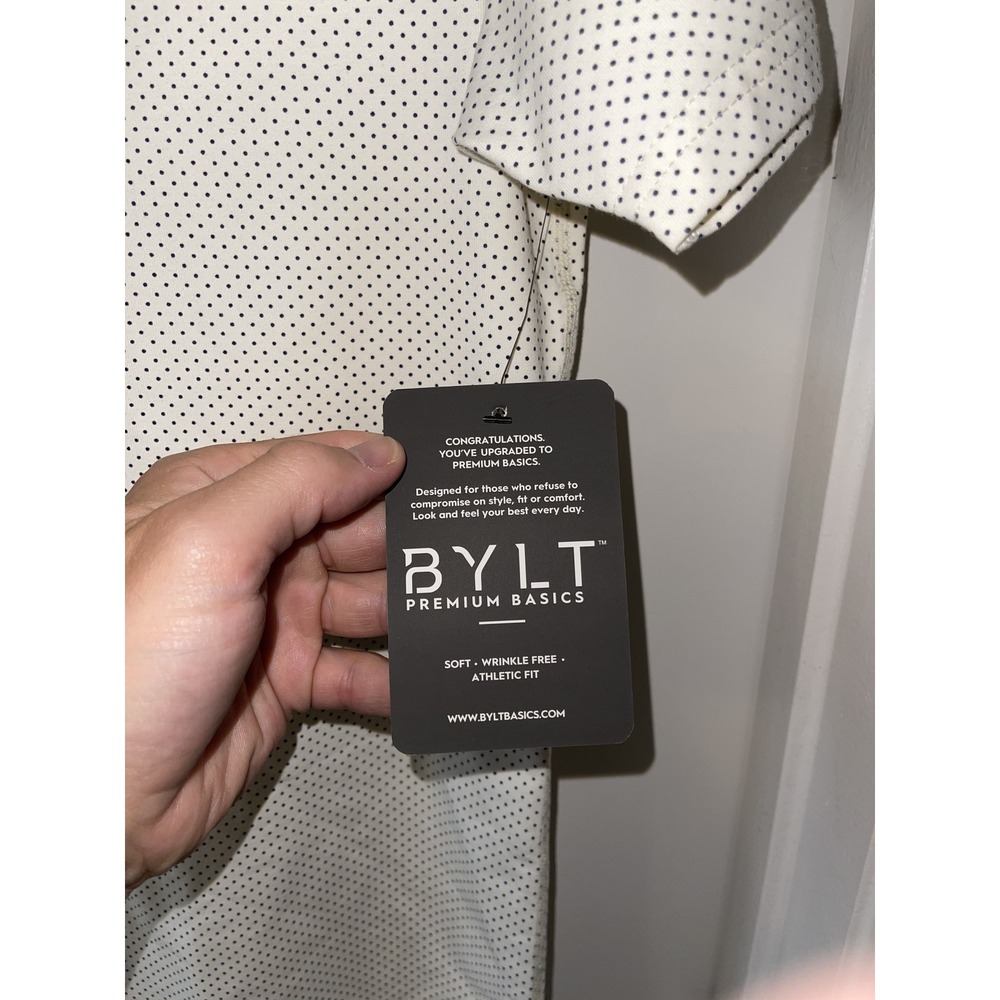 BYLT Shirt Mens Medium White Black Polka Dot Drop Cut S/S Lux Athletic Fit New - Picture 3 of 6